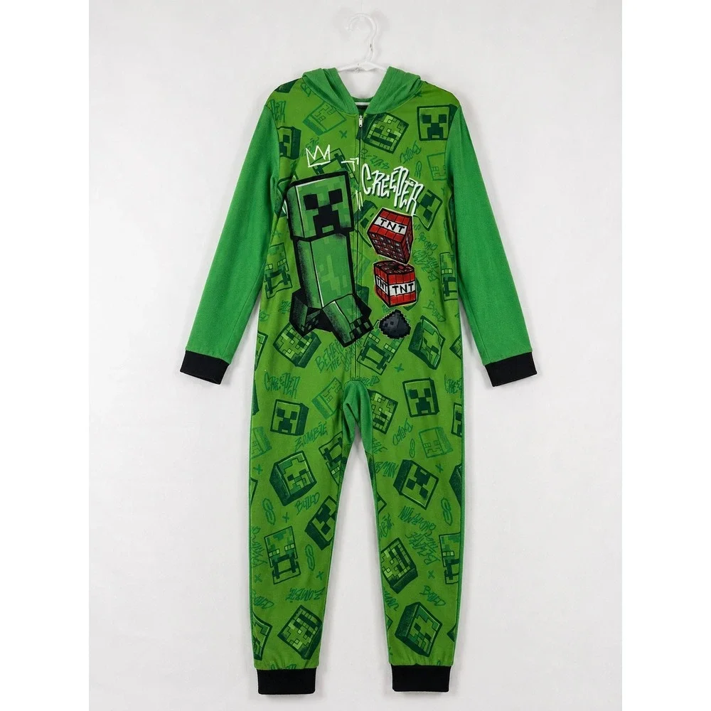 Minecraft Creeper Kids Hooded Fleece Union Suit Green Pajamas Size 10